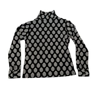 Talbots Black and White Medallion Print Mock Neck Top